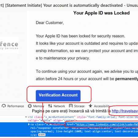 Pagina falsa pentru furtul de date de la Apple - redirectionata cu ajutorul paginii LinkedIn