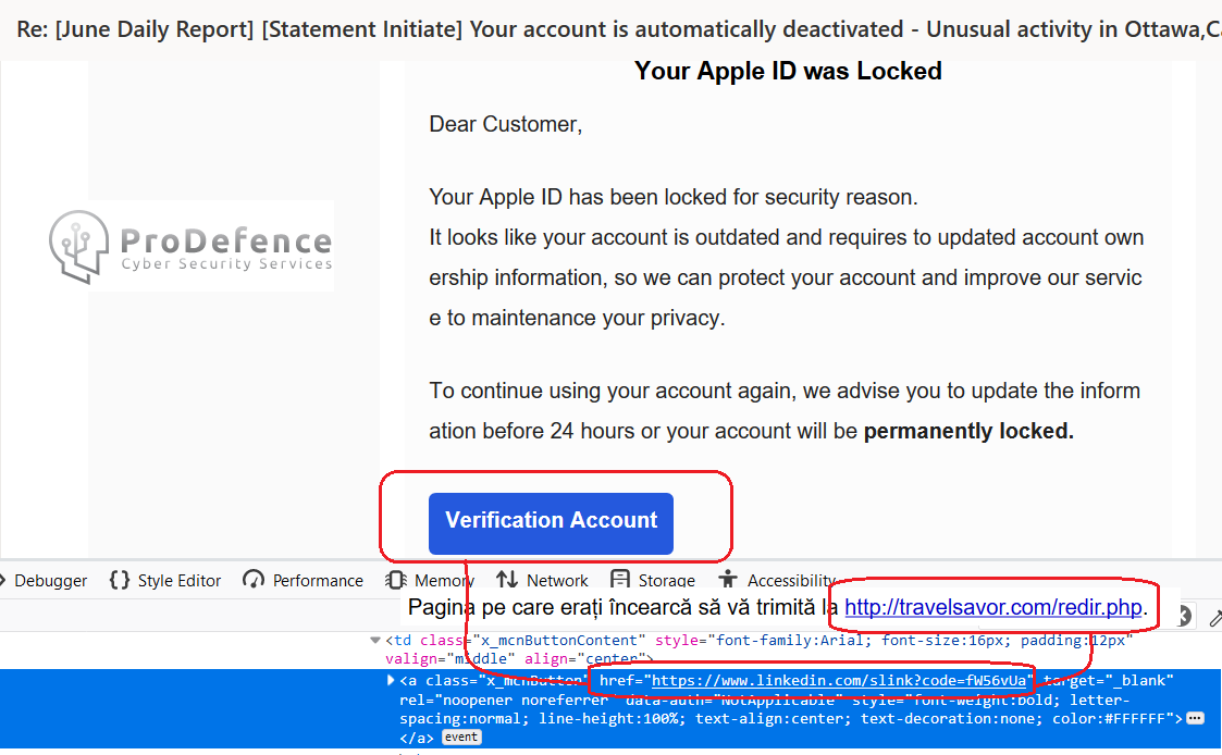 Pagina falsa pentru furtul de date de la Apple - redirectionata cu ajutorul paginii LinkedIn