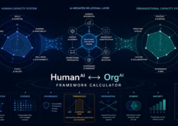 Diagrama cadrului HumanAI și OrgAI: sistemul capacității umane, stratul relațional mediat de inteligență artificială și sistemul capacității organizaționale