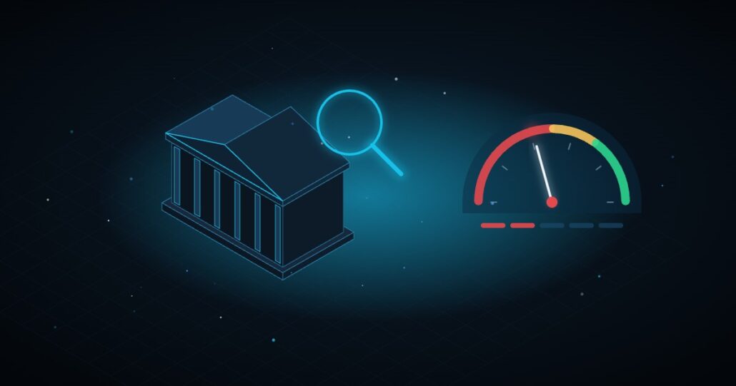 Illustration: public institution, magnifier and DNSC score gauge