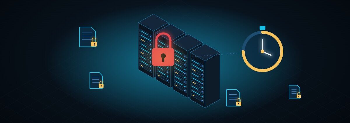 Ilustrație: servere blocate de un atac ransomware, cronometru de 72 de ore și fișiere criptate