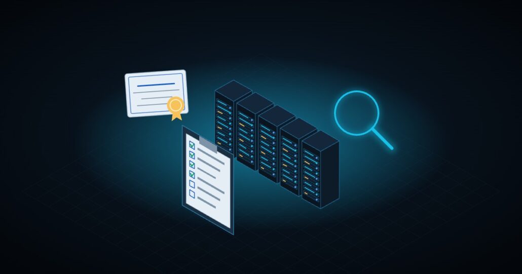 Illustration: NIS audit with a checklist, a magnifier over server racks and an attestation certificate