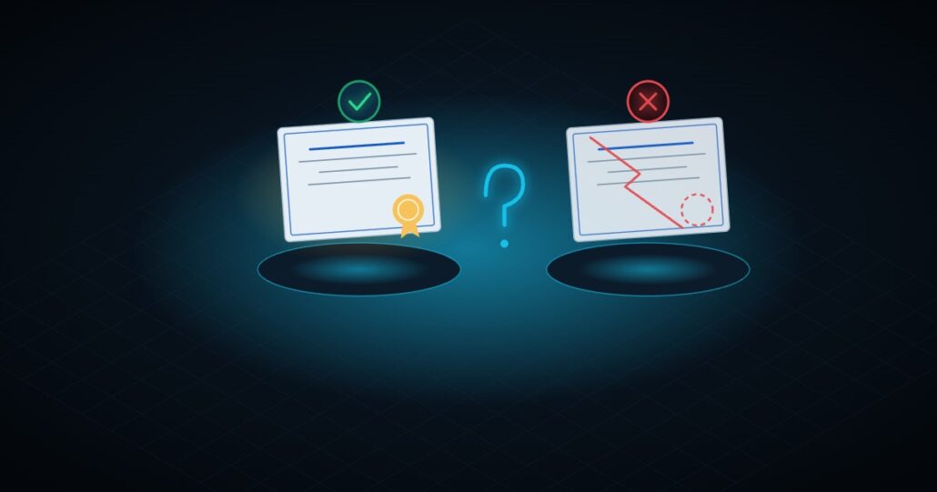 Illustration: a valid certificate and a fake one side by side, with a question mark between them