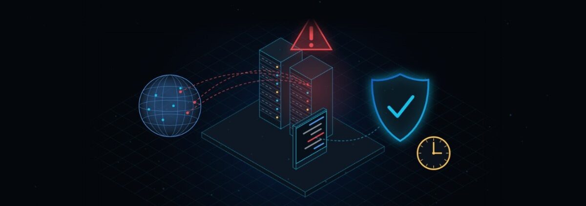 Illustration: PHP servers exposed to internet attacks, critical warning and a protective shield with a clock for the security release