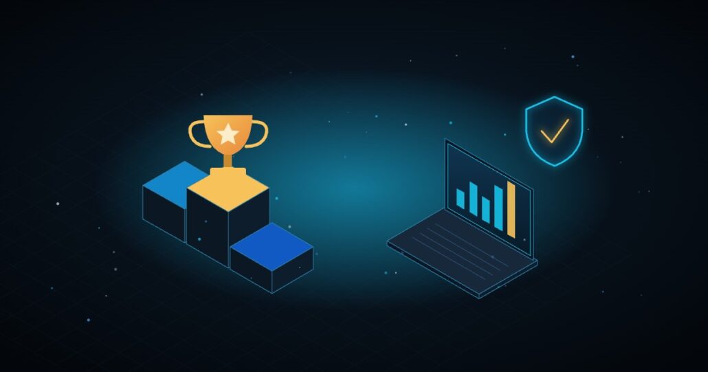 Illustration: podium with a trophy and the CysNIS platform on a laptop