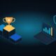 Illustration: podium with a trophy and the CysNIS platform on a laptop
