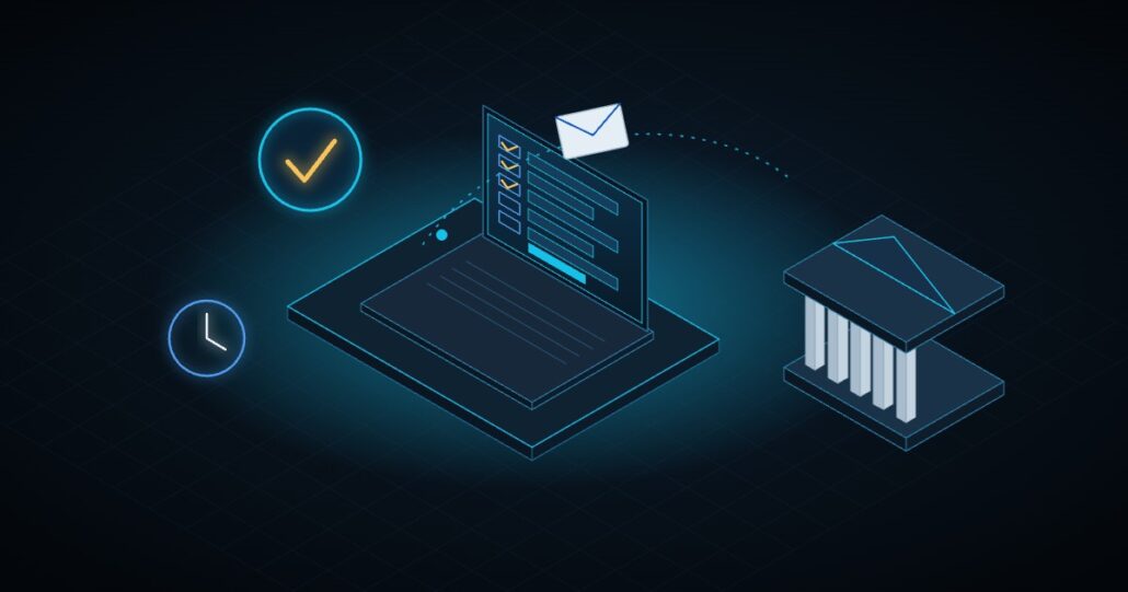 Illustration: a completed notification form on a laptop sent to a public authority, with a deadline and a confirmation
