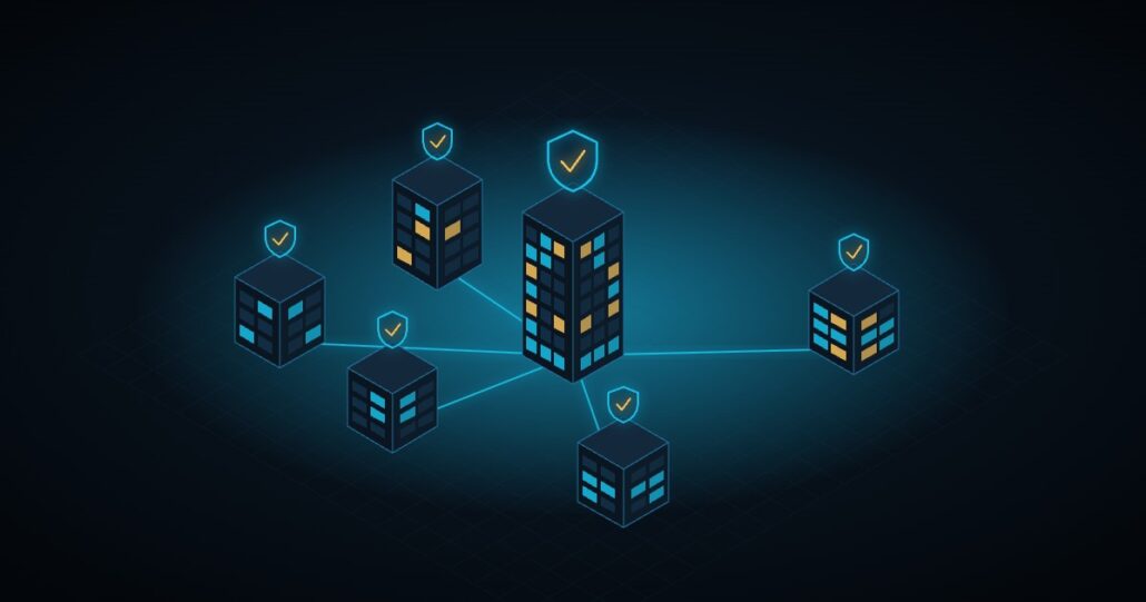 Illustration: a group headquarters connected to its subsidiaries, each with its own security shield
