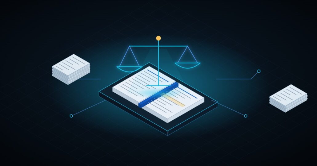 Illustration: an open law code on a digital platform, with the scales of justice as a hologram and stacks of official documents