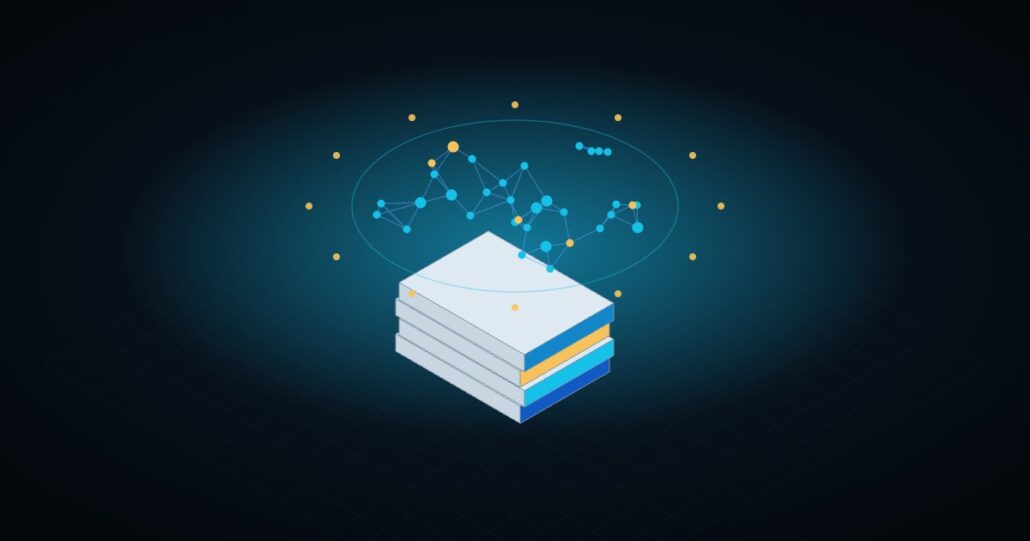 Illustration: publications on artificial intelligence, with a glowing neural network above the books