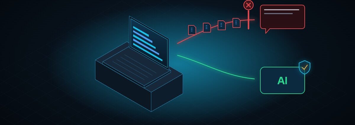Illustration: company data blocked from an unapproved chatbot and routed to an approved AI tool