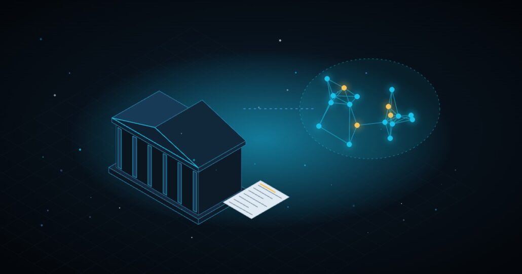 Illustration: government building and neural network, the US decision on artificial intelligence