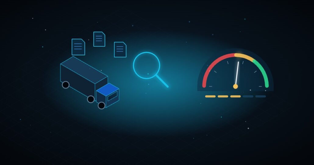 Illustration: truck, data files, magnifier and DNSC score gauge